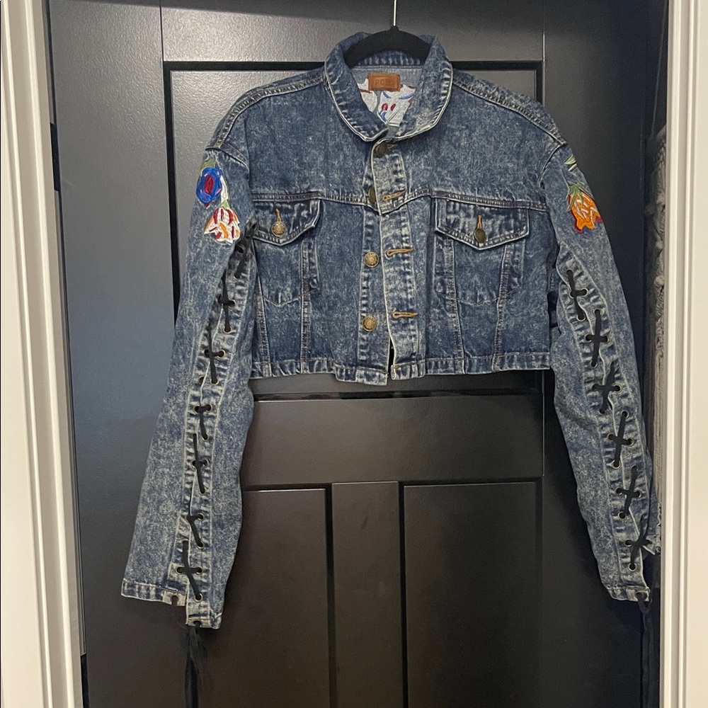 POL cropped Blue Denim Jacket with Black Lace-Up Detail